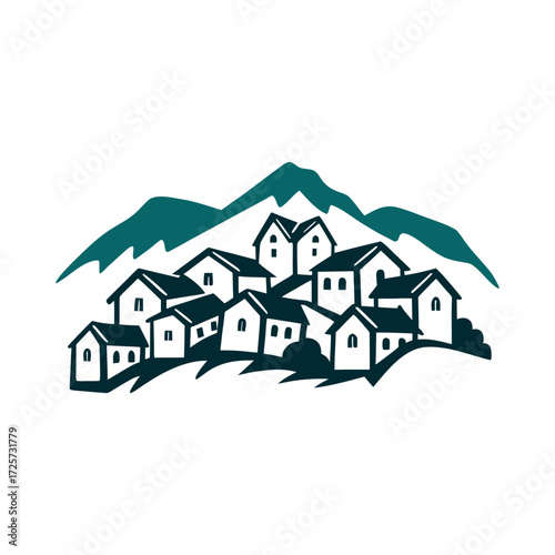 Stylized Mountain Village Silhouette Illustration Mountain Village Cluster of cubic white houses with blue accents hilltop silhouette in slate