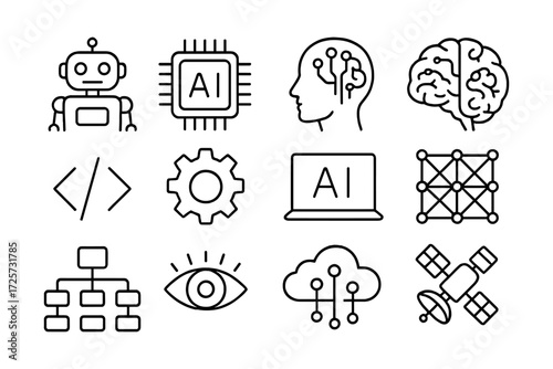 Linear artificial intelligence icons: robot, neural network, machine learning symbols