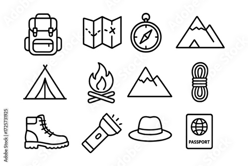 Minimalist camping icons set for outdoor adventure and exploration