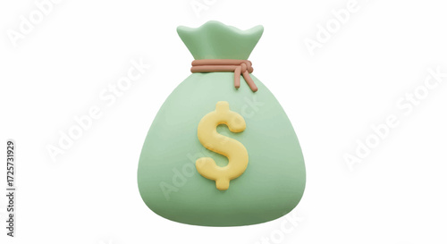 A 3D illustration of a green money bag with a yellow dollar sign and brown string tie on a plain white background, symbolizing finance and micro economics.