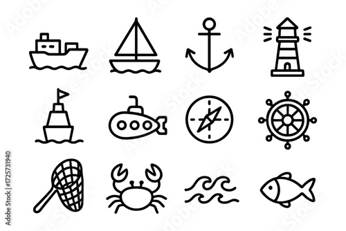 Nautical icon set featuring boats, compass, lighthouse, anchor, and marine life in linear style