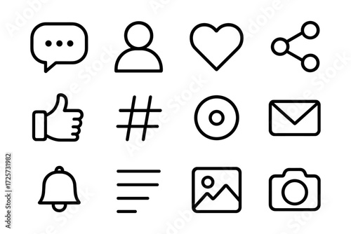 Minimalist line icons set: communication, social media, and multimedia symbols
