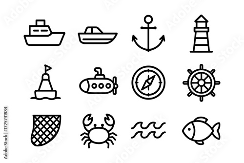 Nautical line art icons of ships, compass, anchor, and marine life
