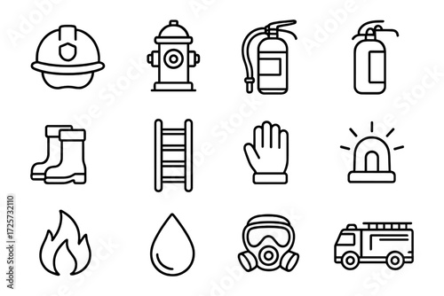 Firefighting equipment icons in linear style for safety and emergency services