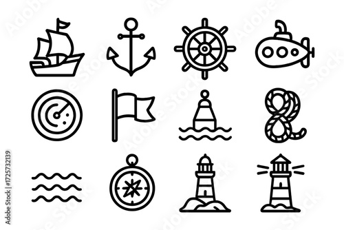 Nautical icons collection: classic maritime symbols in minimalist style