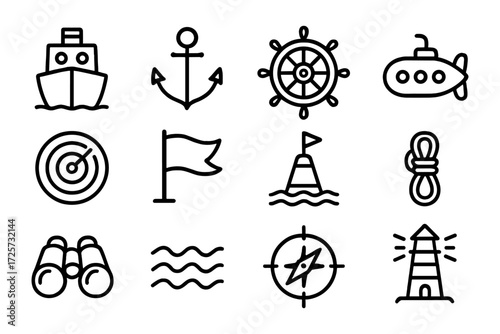 Nautical icons set: marine elements including compass, anchor, lighthouse