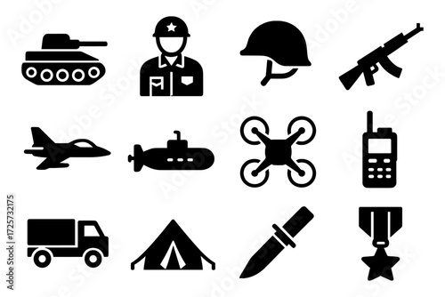 Military equipment and personnel silhouettes: icons of modern warfare