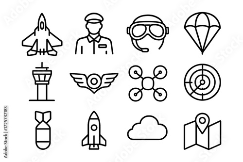 Air travel icons set featuring planes, pilot, and parachute in linear style