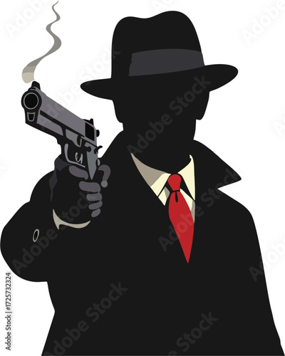 Noir Mafia Gangster Silhouette Vector – Man in Fedora with Red Tie Pointing Smoking Gun Vintage
