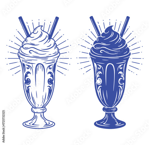 Vintage illustrated milkshake with whipped cream and straws in two color variations