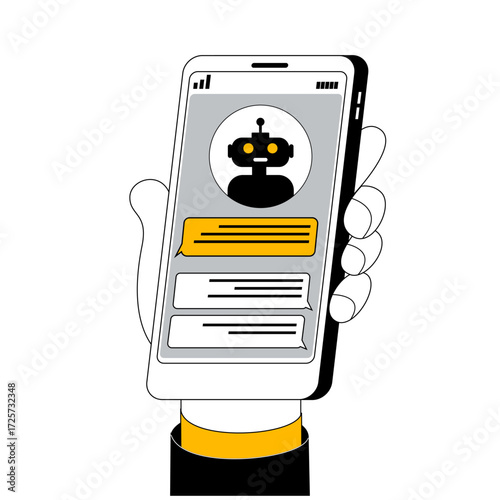 A hand holding a phone with a chatbot. Communicating with the bot. Artificial intelligence in online support. Vector illustration in a simple line style.