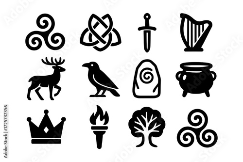 Celtic symbols collection: mythical icons and ancient motifs in black silhouette