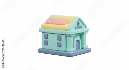 A small, pastel-colored toy house with a yellow and pink roof, blue door and shutters, and a light green body sits on a gray base against a white background with a micro, miniature feel.