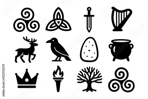 Celtic icon set: symbols of mythology and heritage in bold black design