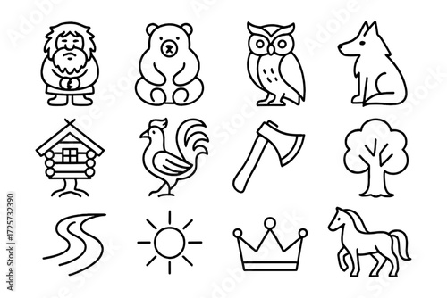 Simple line icons of forest animals, nature, and wild creatures
