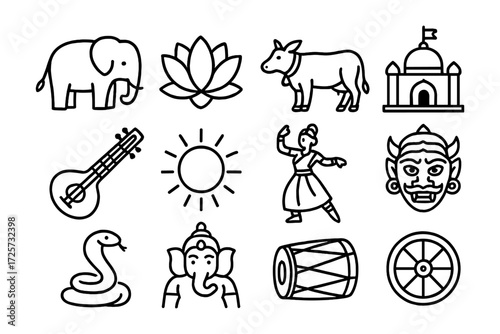 Minimalist icons of indian culture: traditions and symbols in line art