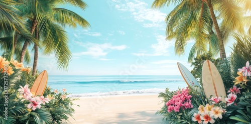 Beautiful Tropical Beach View With Surfboards and Vibrant Flowers in Bright S...