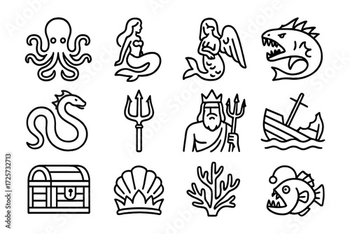 Nautical icons collection: octopus, mermaid, shipwreck, poseidon, sea creatures
