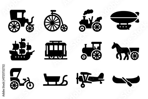 Silhouette collection of vintage transportation icons in black