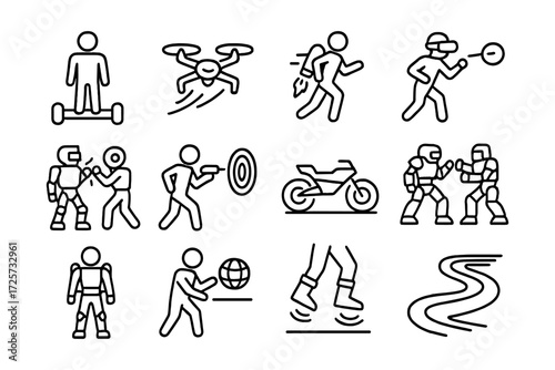 Active lifestyle line icons: sports, tech gadgets, and adventure activities