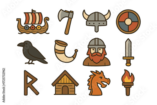 Viking icons: traditional norse symbols in flat style for historic themes
