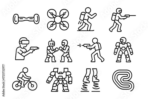 Futuristic activities and technology icons in clean linear style