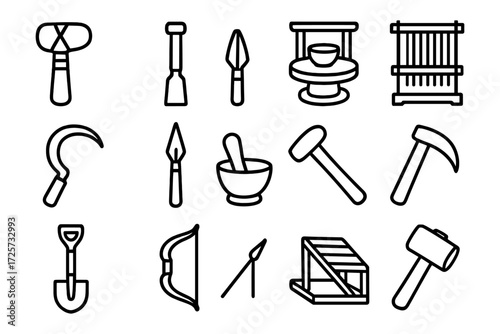 Outline icons of ancient tools: agriculture, craftsmanship, and hunting