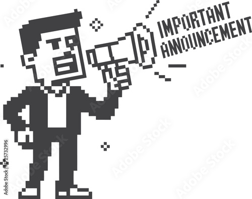 Pixelated businessman shouting important announcement through megaphone