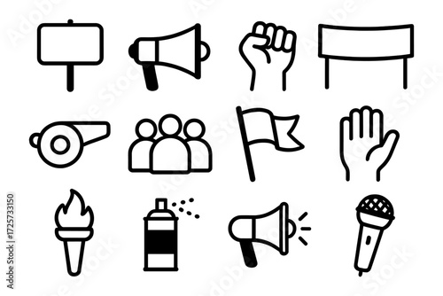 Protest icons: linear style pictograms for activism and public speaking