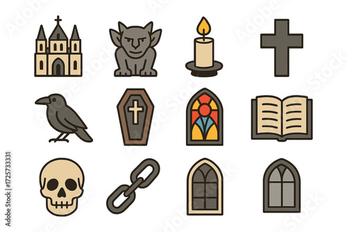 Gothic icons collection: church, gargoyle, candle, cross, raven, coffin, window, skull, book