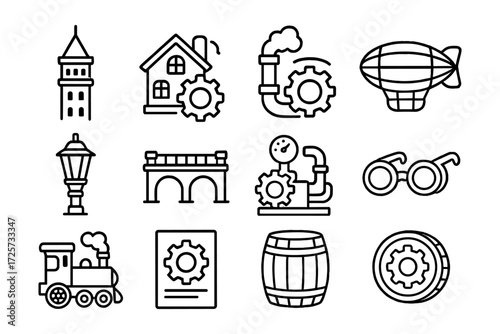 Steampunk icons set in linear style featuring gears and vintage objects