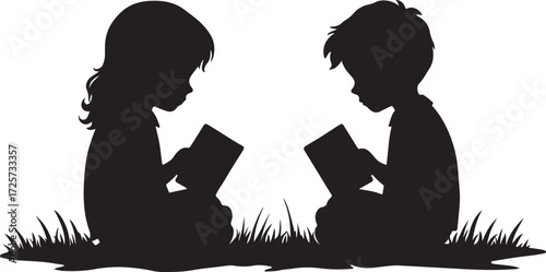 Printchildren, silhouette, reading, books, kids, boy, girl, study, outdoors, education, grass, students, peaceful, sitting, shadow,
child reading, kid silhouette, outdoor learning, book lovers, 