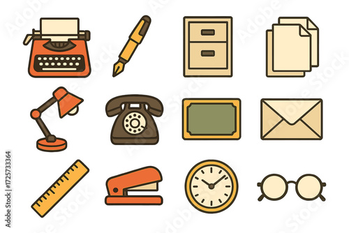 Vintage office supplies icons set featuring retro typewriter and telephone