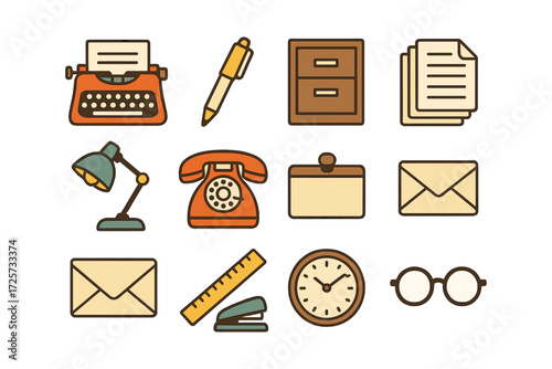 Vintage office items collection with typewriter, phone, and desk accessories