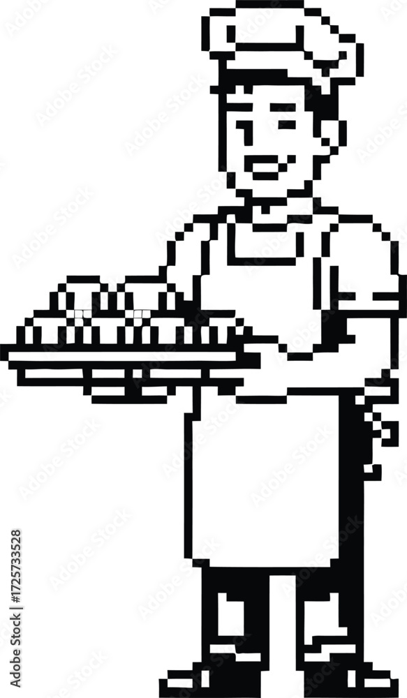 Obraz premium Baker wearing chef hat and apron holding tray of muffins