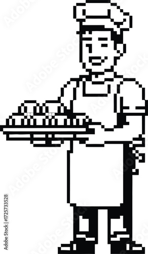 Baker wearing chef hat and apron holding tray of muffins