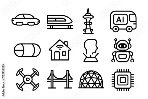 Futuristic technology icons with ai, robotics, and transportation elements