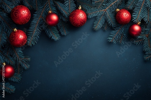 Elegant Red Ornaments and Pine Branches Create Festive Holiday Decor Against ...