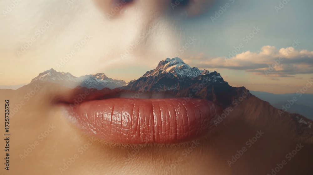 Fototapeta premium Extreme close up double exposure of lips blended with mountain landscape