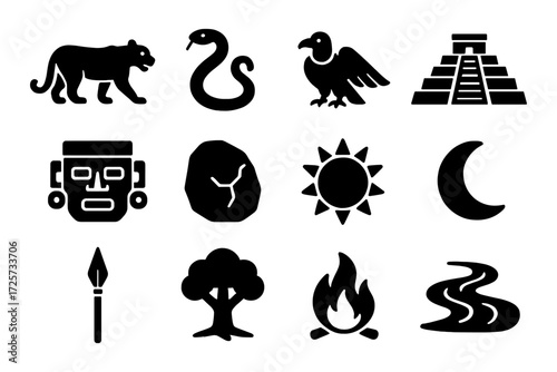 Silhouette icons of mesoamerican culture and nature elements