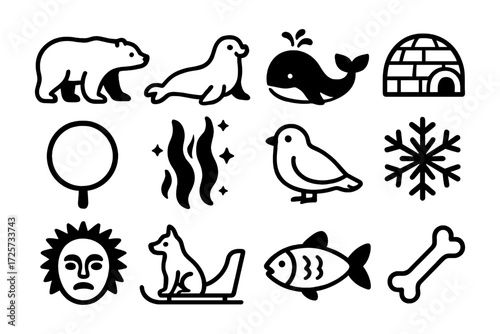 Black and white arctic themed icons featuring animals, iceberg, and elements