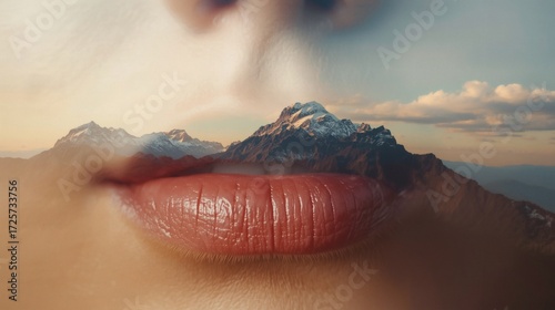 Extreme close up double exposure of lips blended with mountain landscape