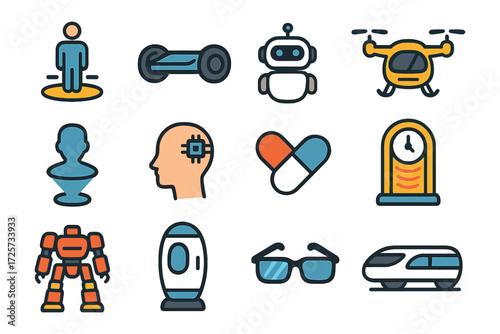 Futuristic icons set: robots, transport, technology, and medicine in modern flat design