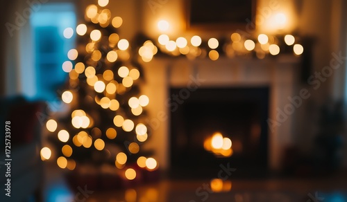 Cozy Christmas Evening With a Beautifully Decorated Tree and Warm Fireplace G...