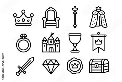 Royalty icons set: crown, throne, scepter, and more in bold linear style
