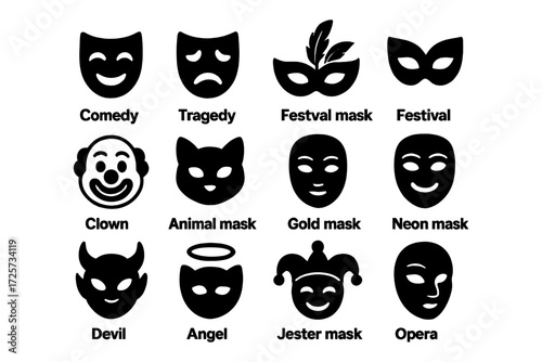 Silhouette collection of theatrical and festive masks for creative design