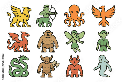 Colorful mythical creatures set: gryphon, centaur, phoenix, and more