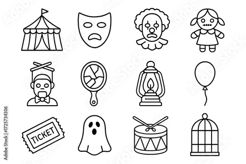 Haunted carnival icons: linear mask, creepy clown, voodoo doll, ghost, and more