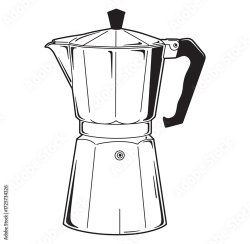 A detailed black and white illustration of a classic italian moka pot coffee maker