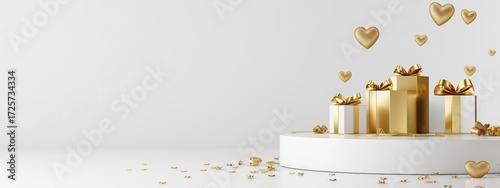 Elegant Golden Gifts With Heart Decorations on a White Background for Celebra...